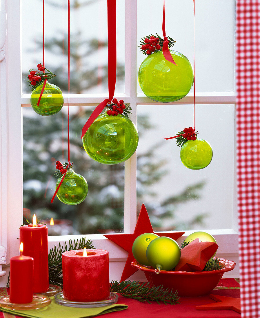 Green glass balls with cotoneaster and abies