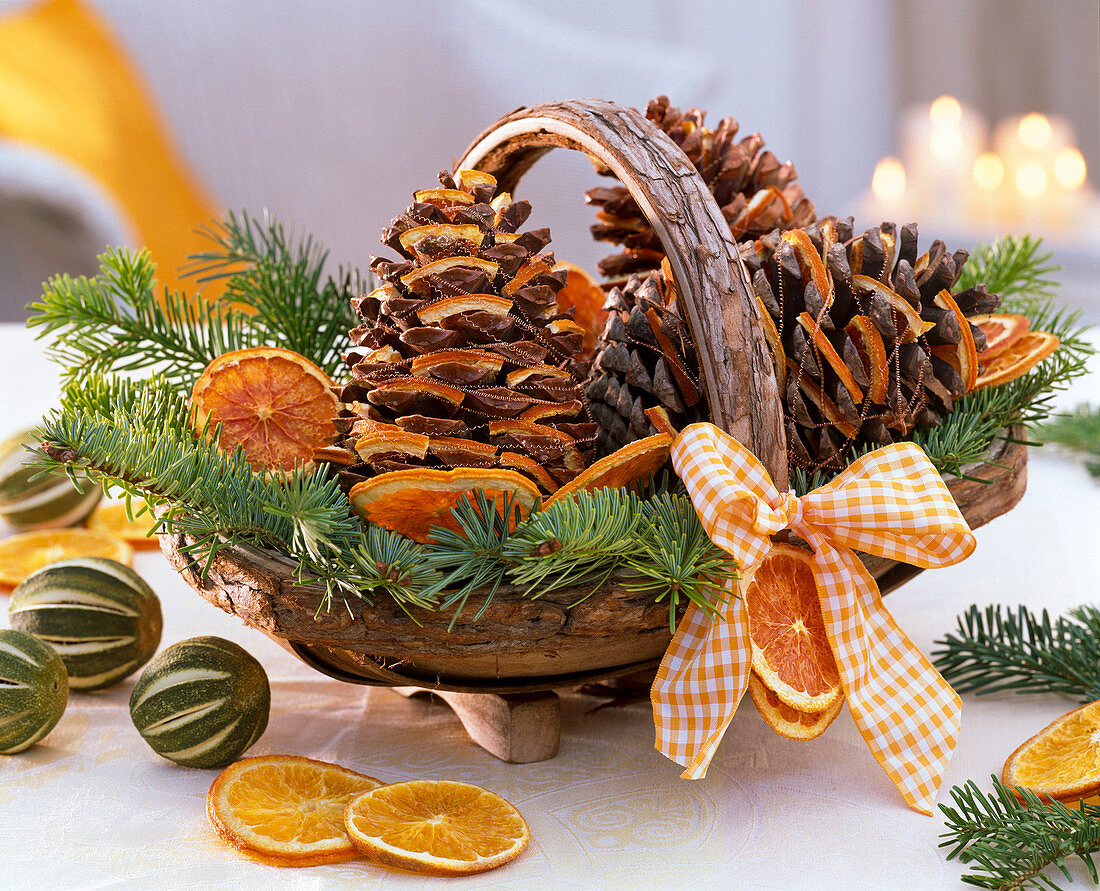 Pinus cones filled with citrus, dried orange slices