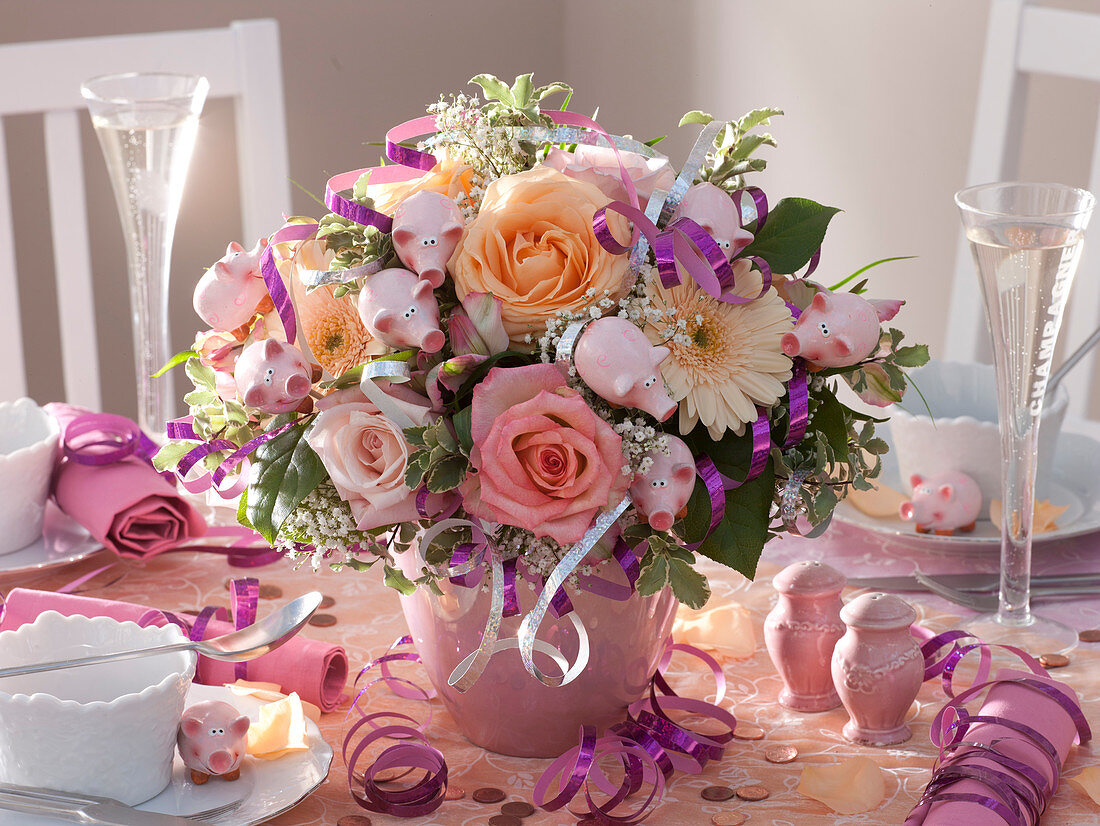 New Year's bouquet of Rose, gerbera, gypsophila