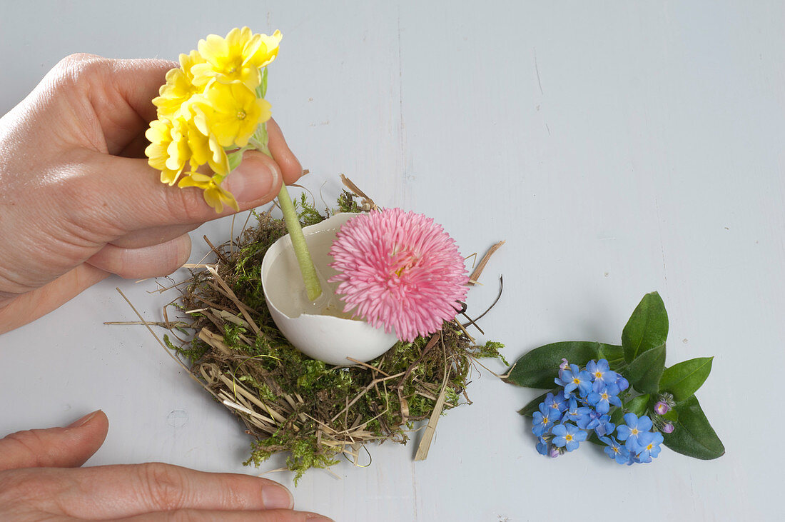 Eggshells as vases on moss