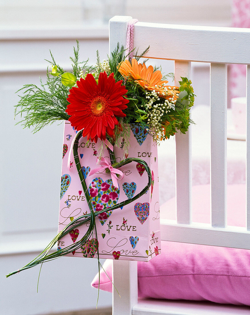 Small bouquet of gerbera, gypsophila, moluccella