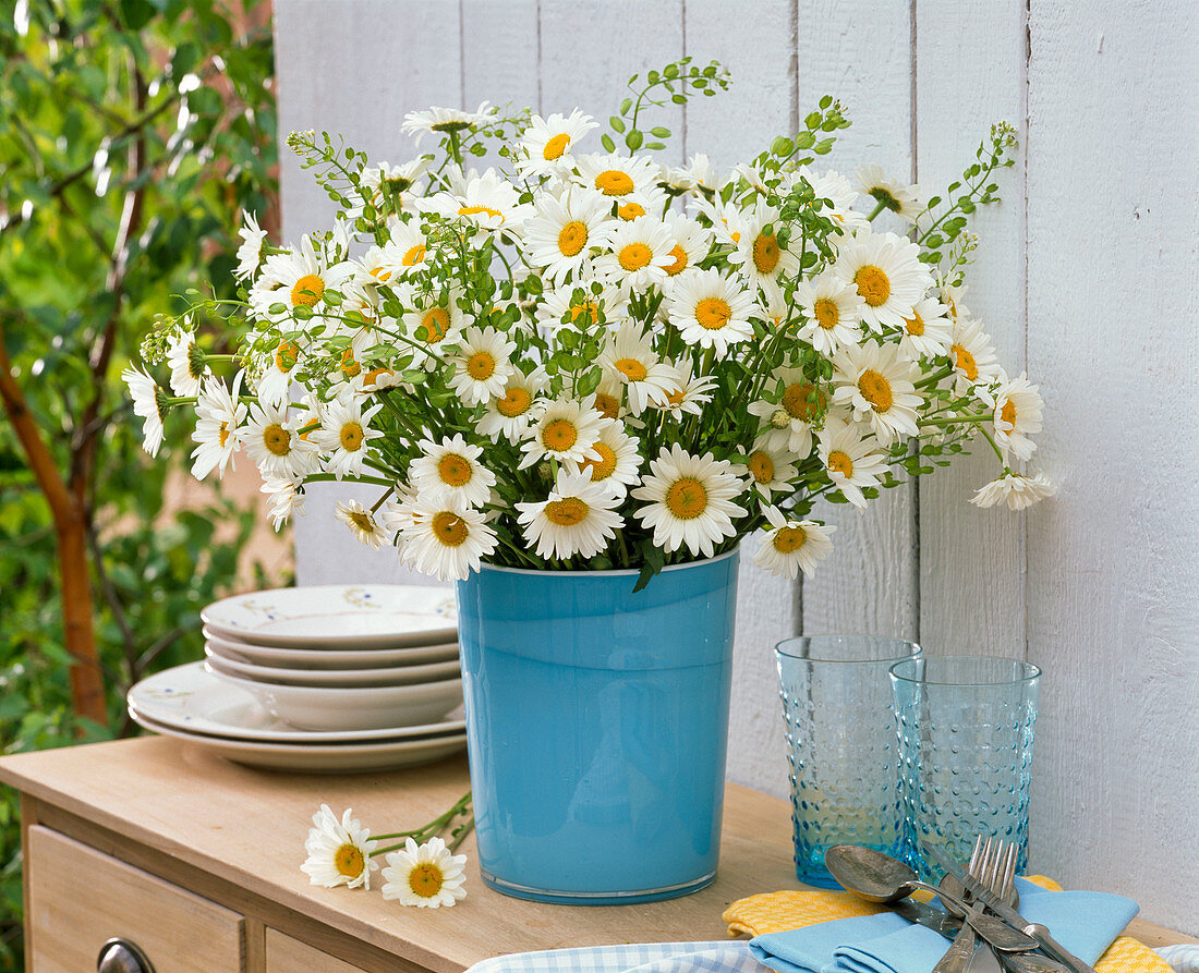 Bouquet of Leucanthemum (daisies) and Capsella (shepherd's purse), dishes