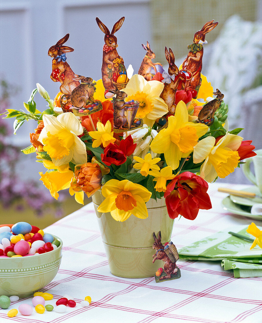 Easter bouquet of Tulipa (tulips) and Narcissus (daffodils), Hyacinthus