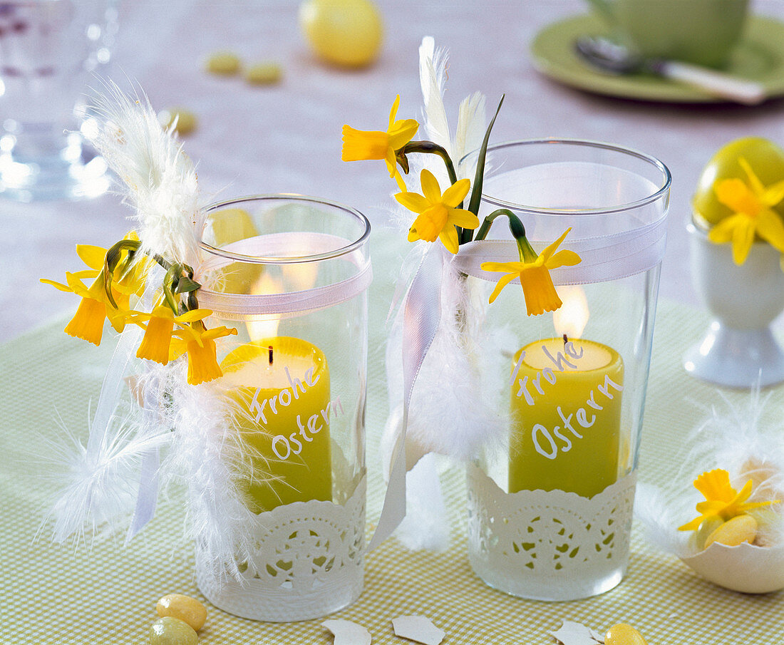 Lanterns with narcissus, cake tip, feathers, bow