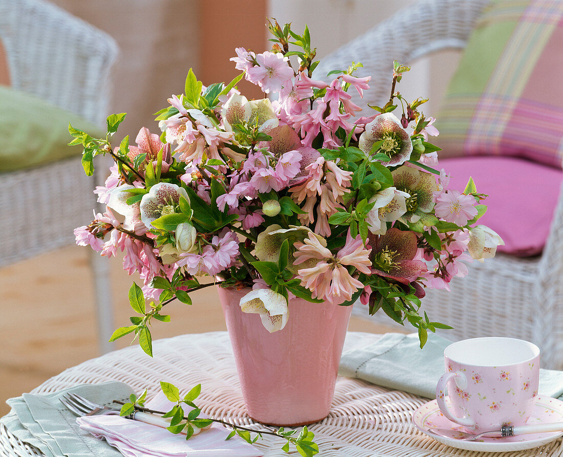 Bouquet of Prunus (ornamental cherry, weeping cherry), Hyacinthus (hyacinths)