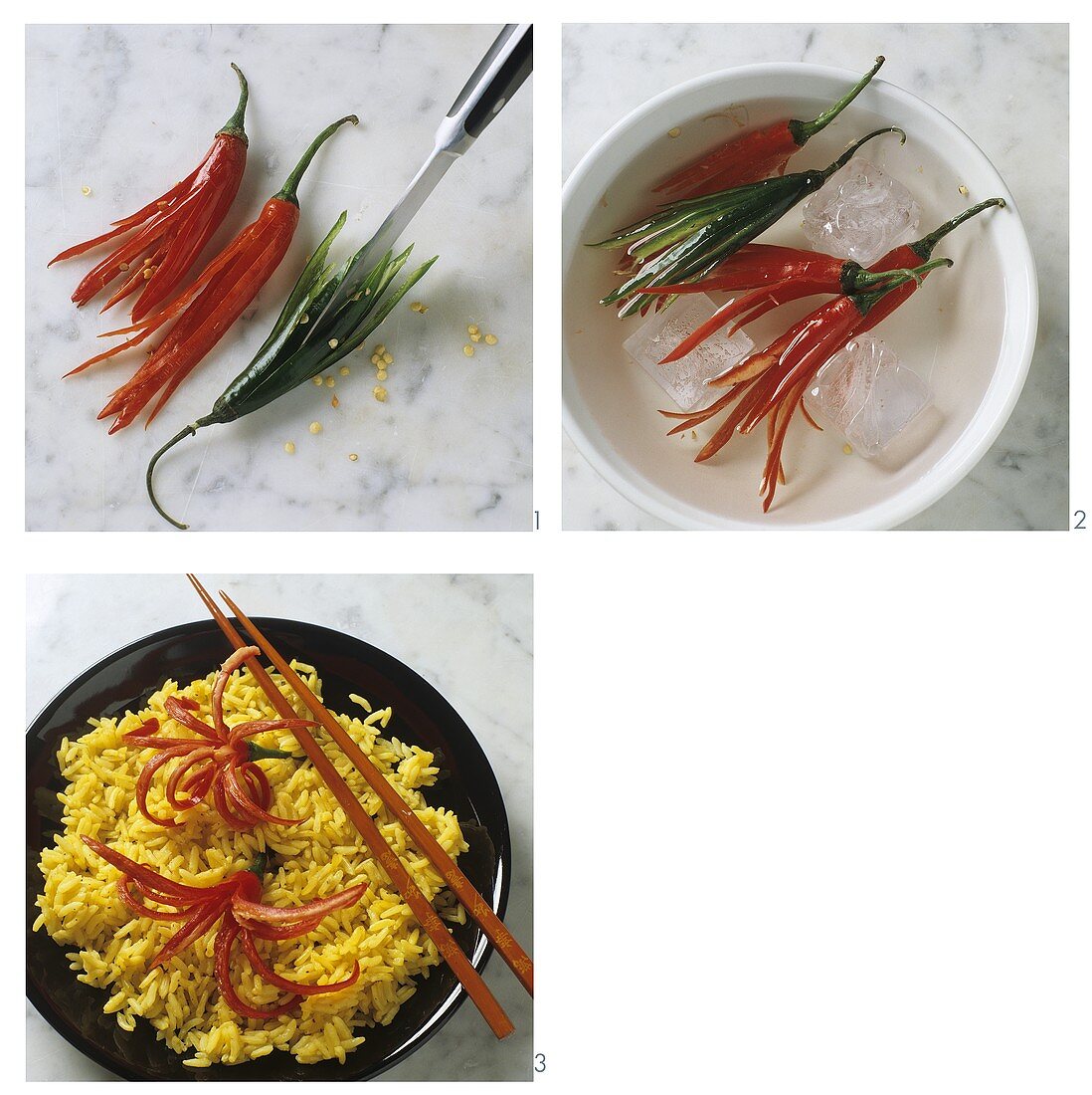 Preparing chili flowers on curried rice