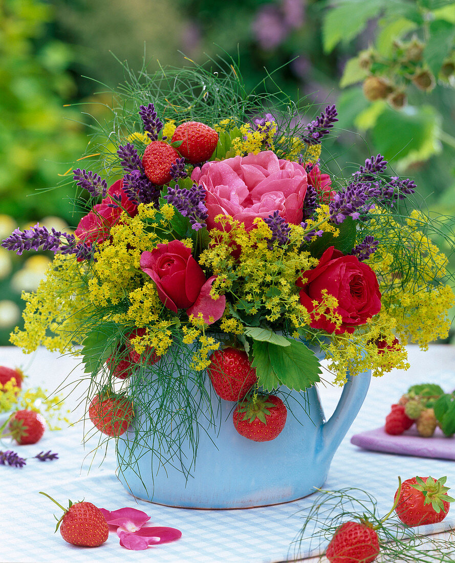 Edible bouquet of Rose, alchemilla, lavandula