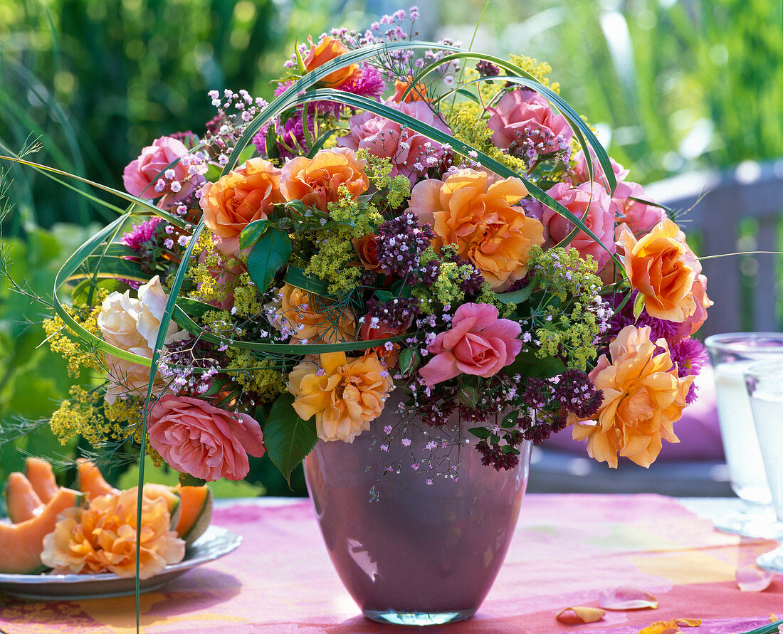 Bouquet of pink with herbs, Origanum, Gypsophila