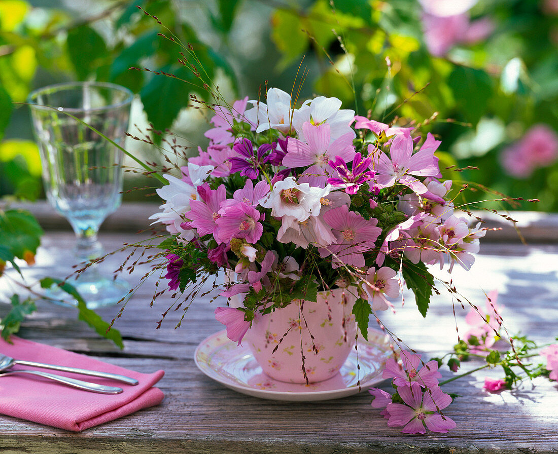 Strauß aus Malva (Malven) und Panicum (Hexengräsern) in Tasse