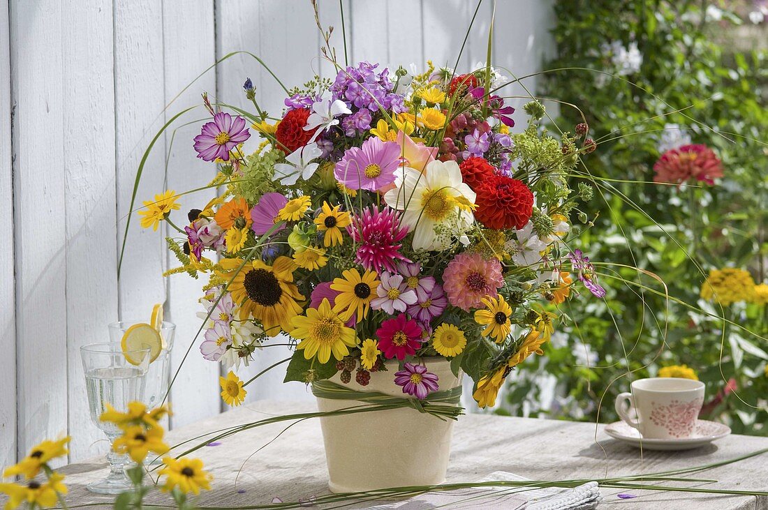 Late summer bouquet with dahlia, Cosmos (garden cosmos)