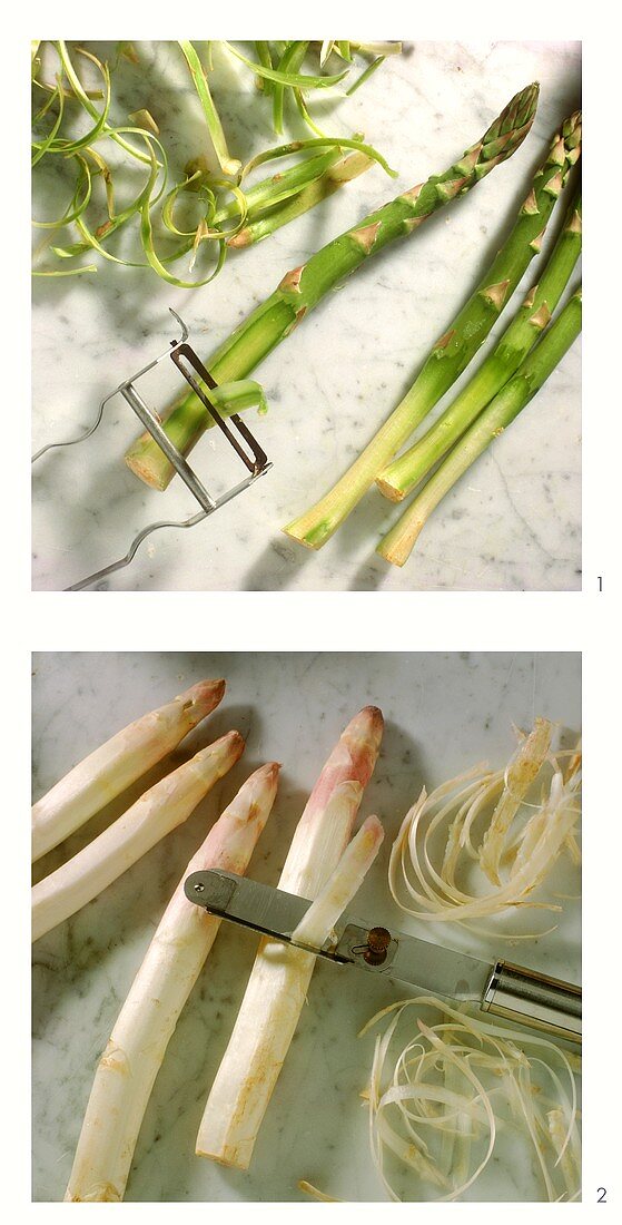 Peeling green and white asparagus