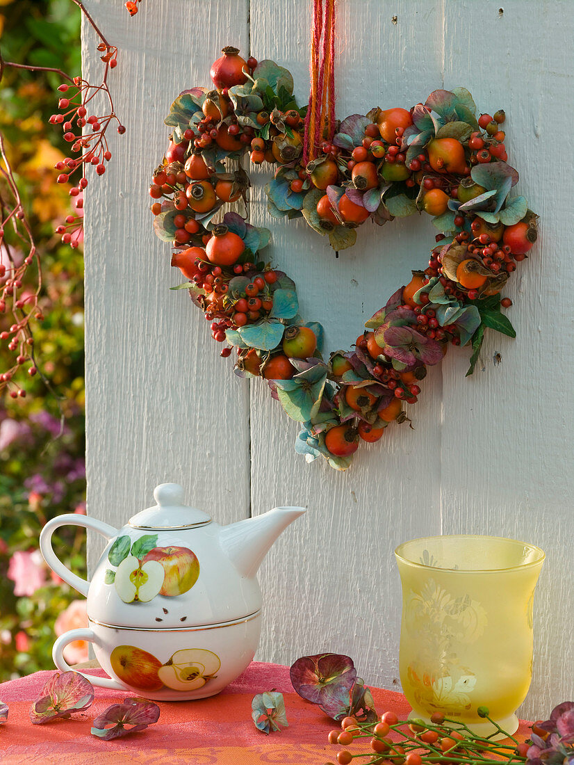 Heart of rosehips and hydrangea