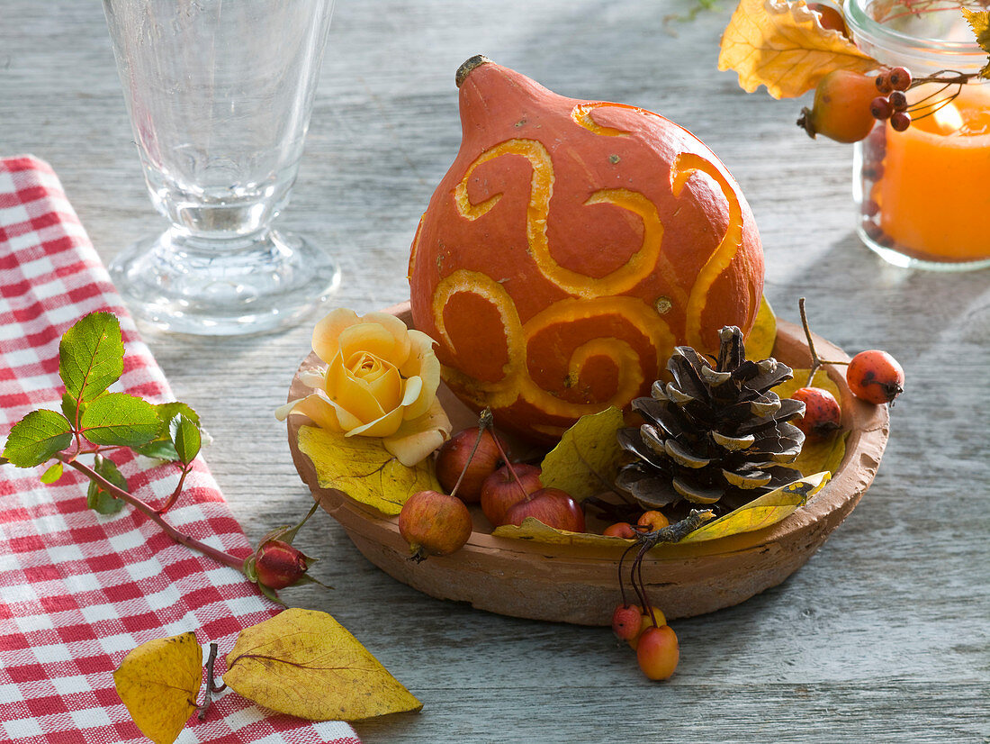 Cucurbita 'Uchiki Kuri' decorated with ornaments