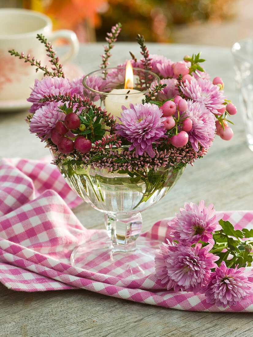 Lantern with chrysanthemums and heather