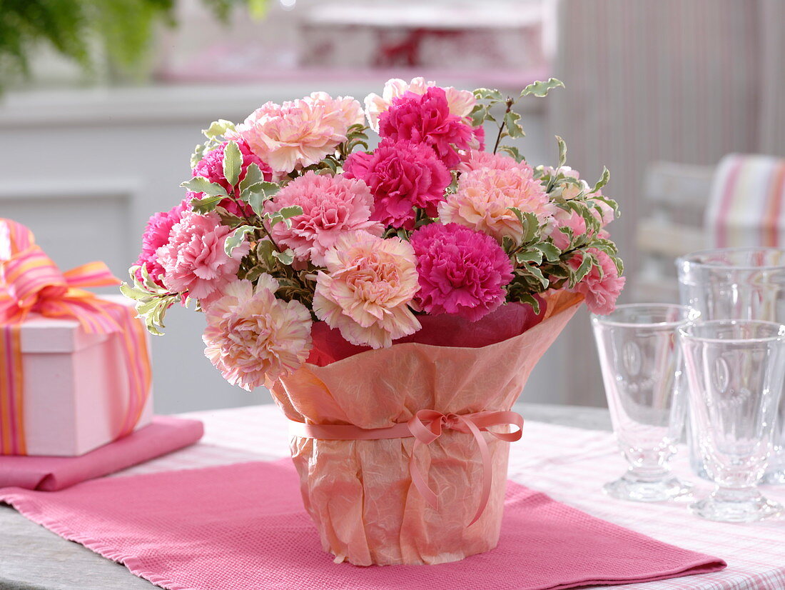 Bouquet of Dianthus (carnations) and Pittosporum (clovers)