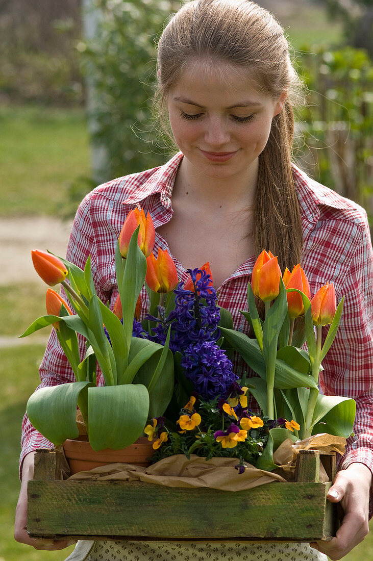 Junge Frau mit Tulipa 'Flair' (Tulpen), Hyacinthus 'Kronos' (Hyazinthen)