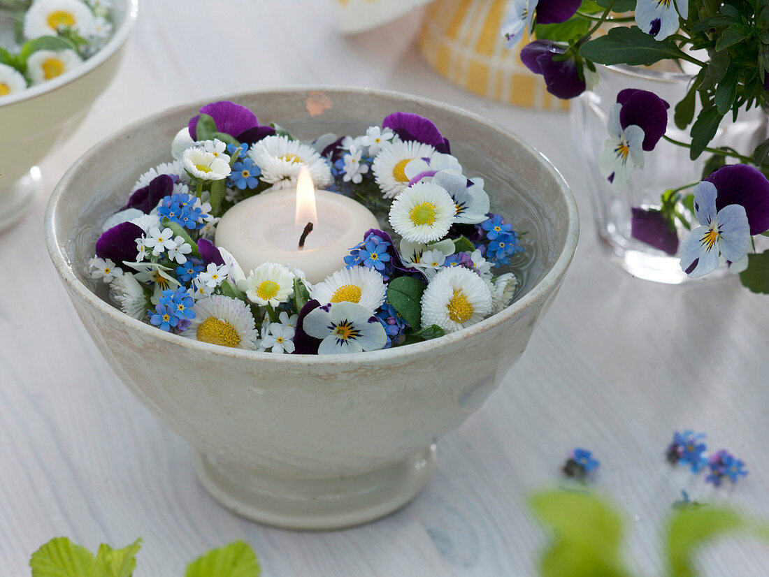 Spring wreath from Viola cornuta, Bellis