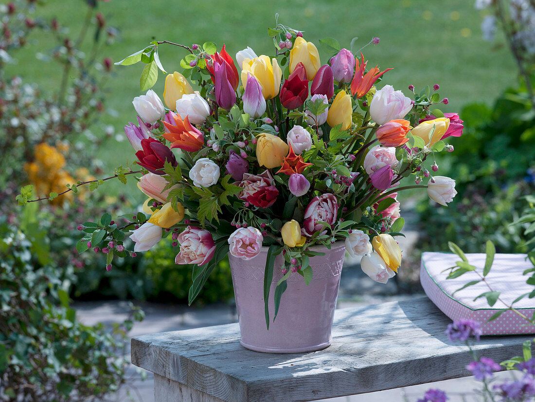 Mixed bouquet of Tulipa, Malus, Physocarpus