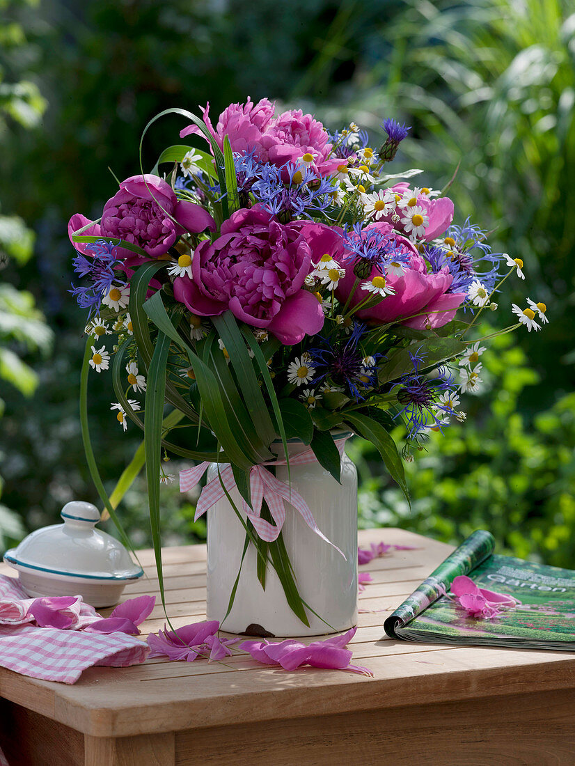 Bouquet of Paeonia (peonies), Centaurea montana (mountain knapweed)