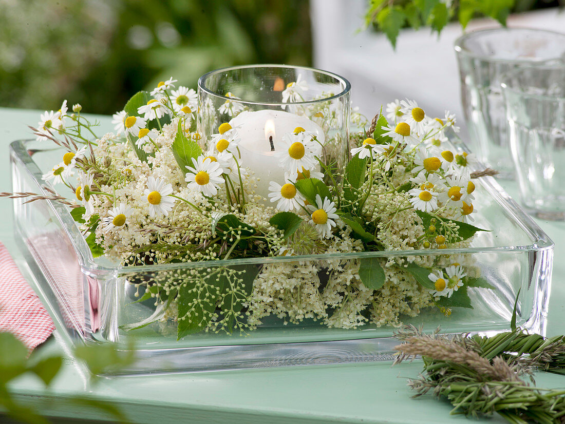 Wreath of Sambucus nigra (elderflower) and Tanacetum