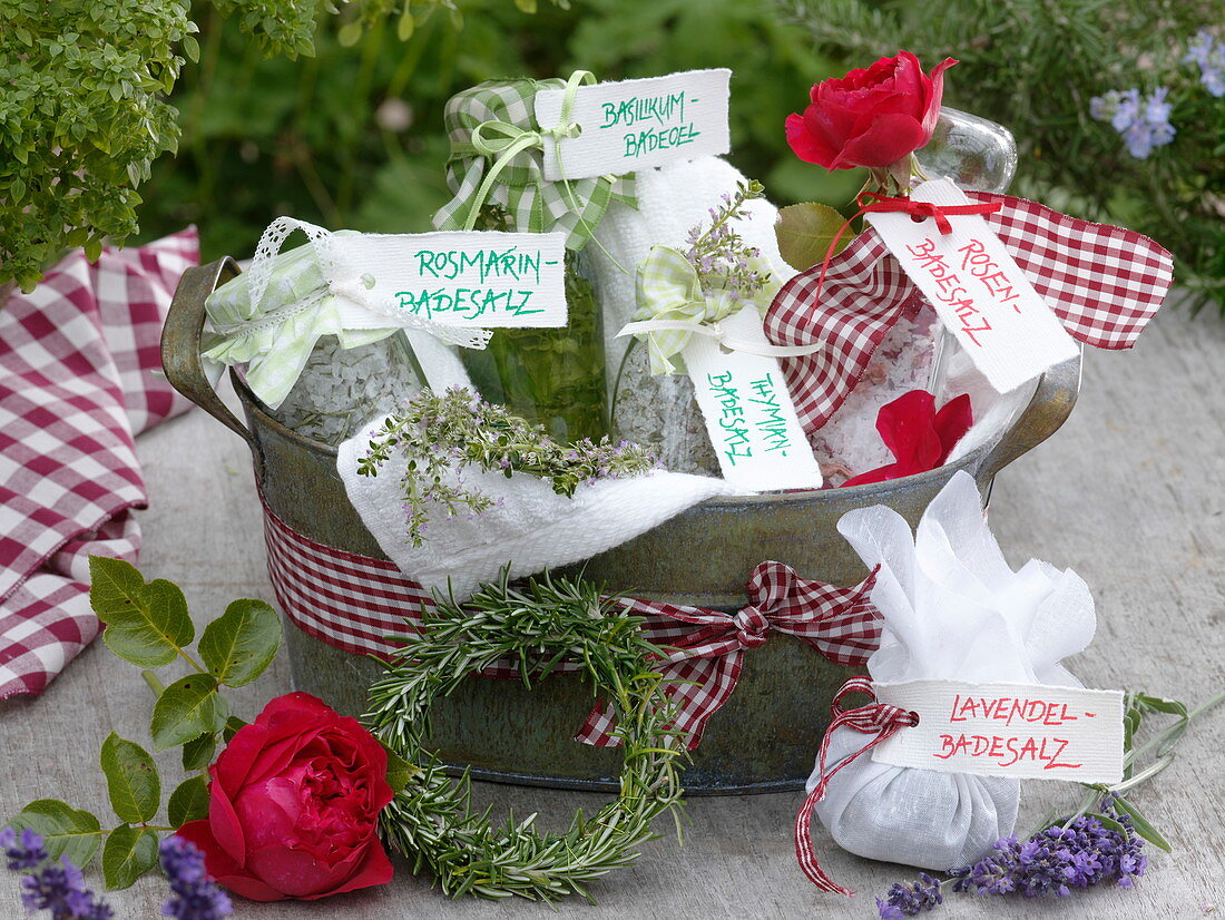 Bath salts with rosemary, thyme, lavender and roses