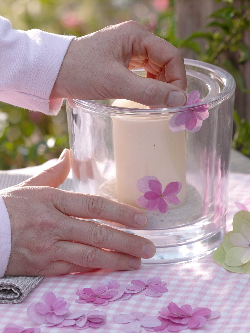 Lantern with pressed hydrangea flowers