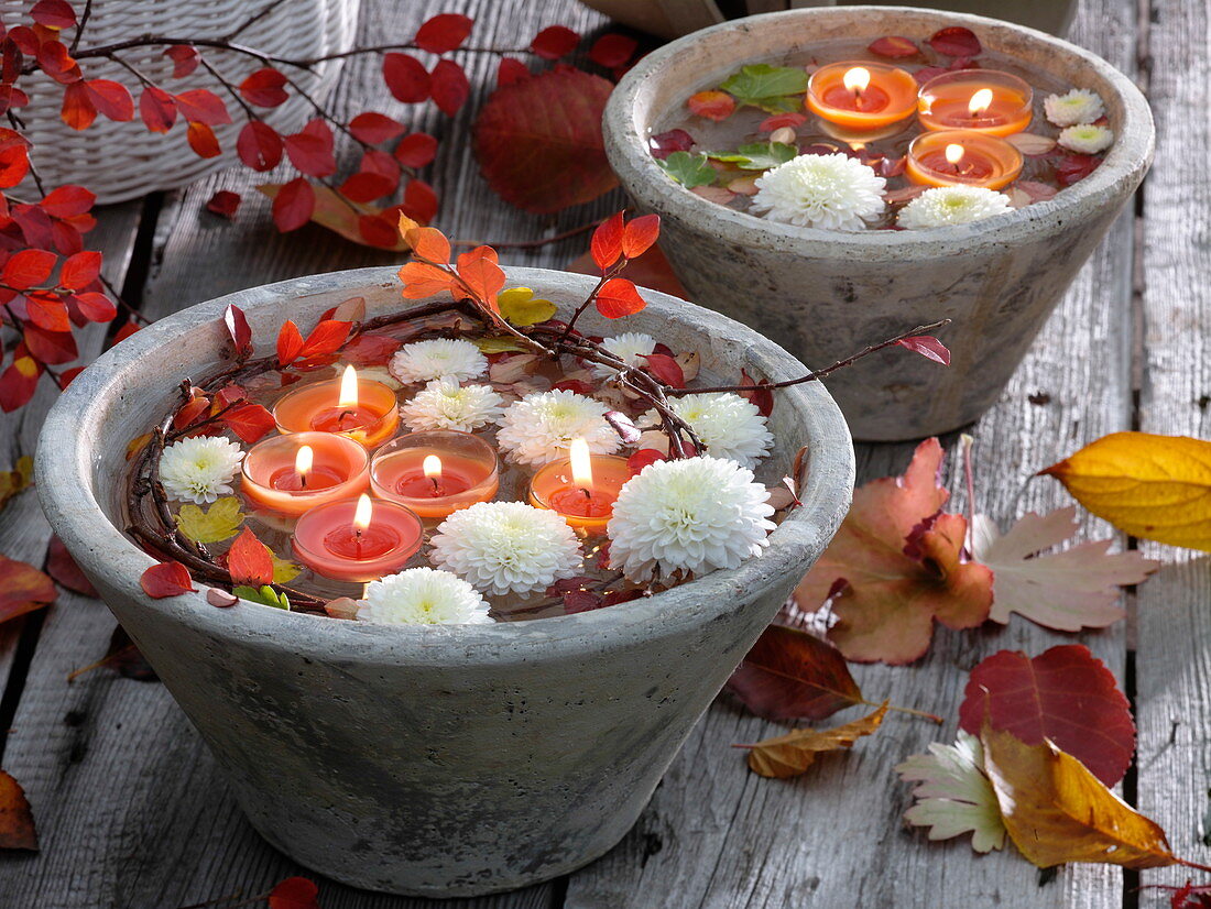 Floating candles and floating flowers of chrysanthemum