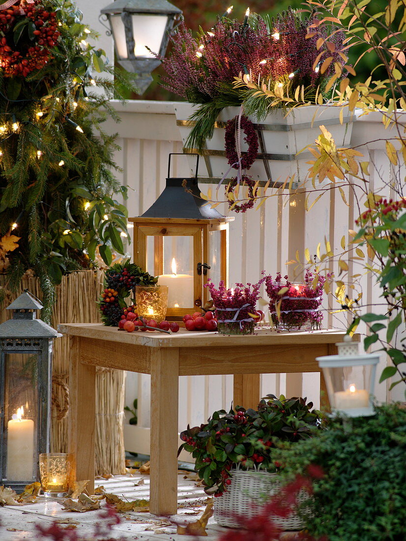 Autumn balcony with lanterns, fairy lights, lanterns, balcony box