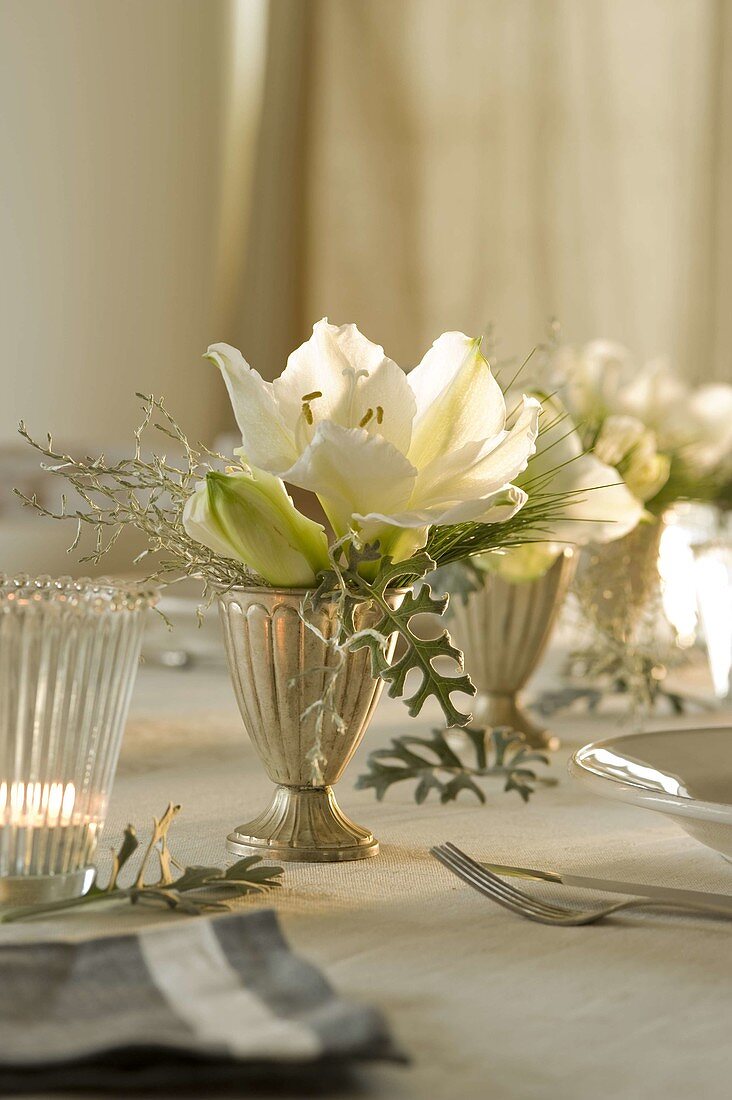 Festive Amaryllis table decoration in white and silver