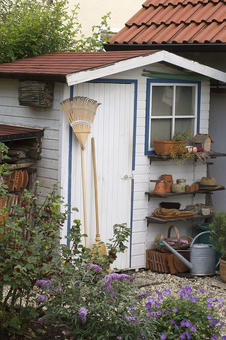 Small garden tool shed with shelf for pots and utensils, watering can