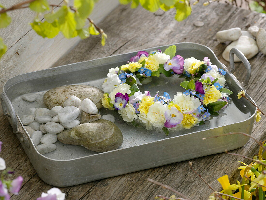 Spring wreath floating in baking dish