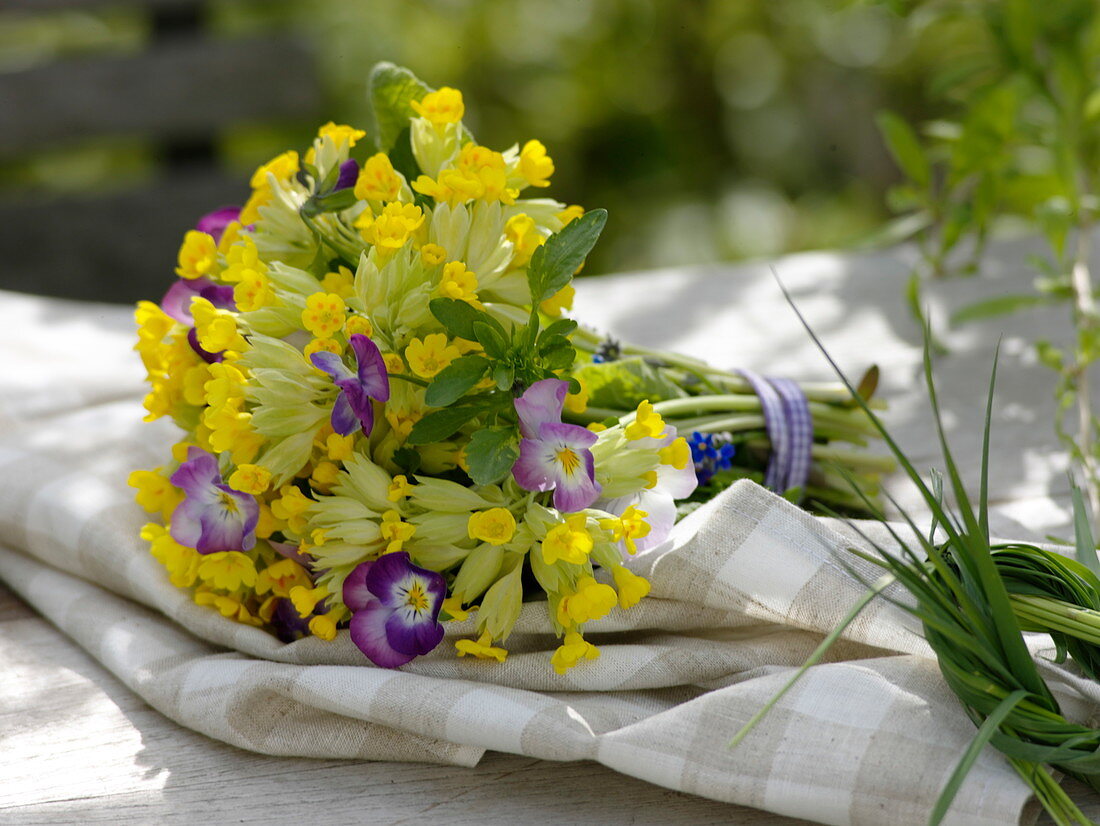 Bouquet of Primula veris (primrose, cowslip), Viola