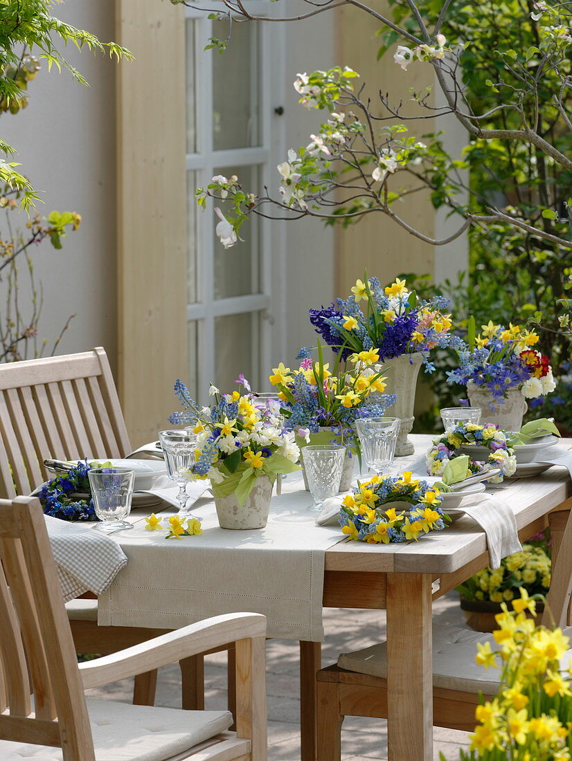 Frühlingstischdeko: Narcissus (Narzissen), Muscari (Traubenhyazinthen)