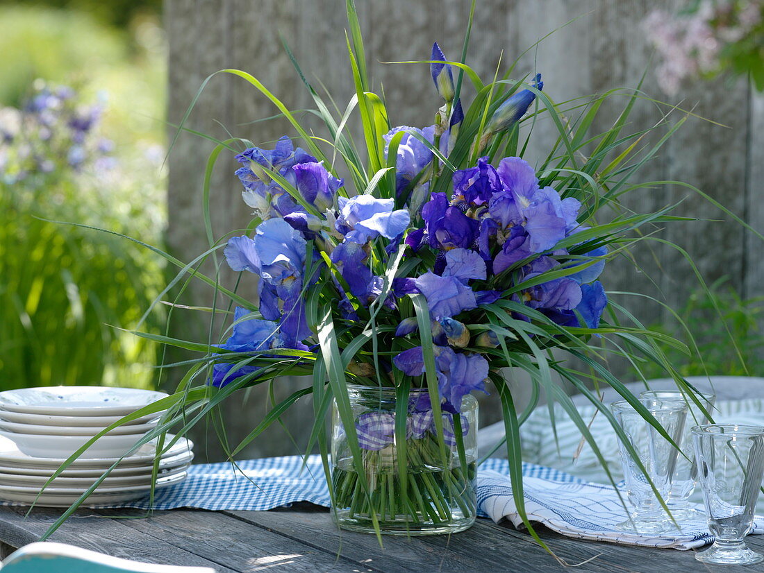 Bouquet of iris barbata (bearded iris) and miscanthus (miscanthus)