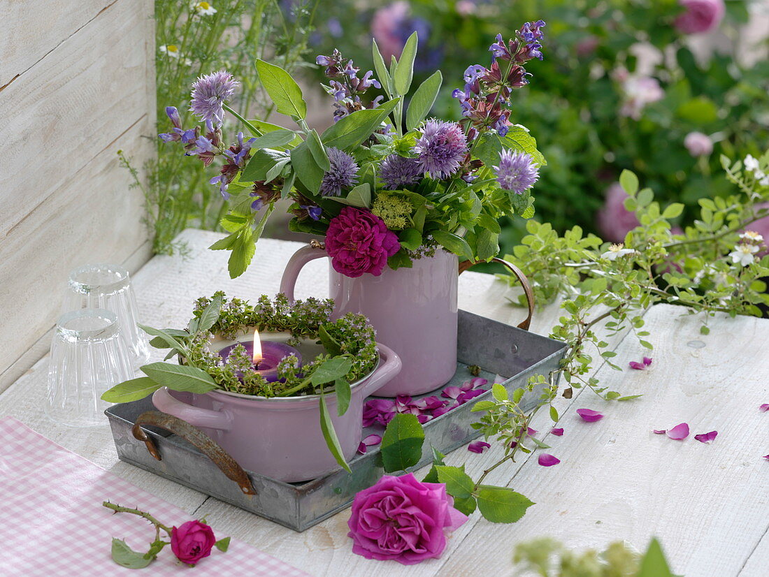 Bouquet and wreath of flowering herbs