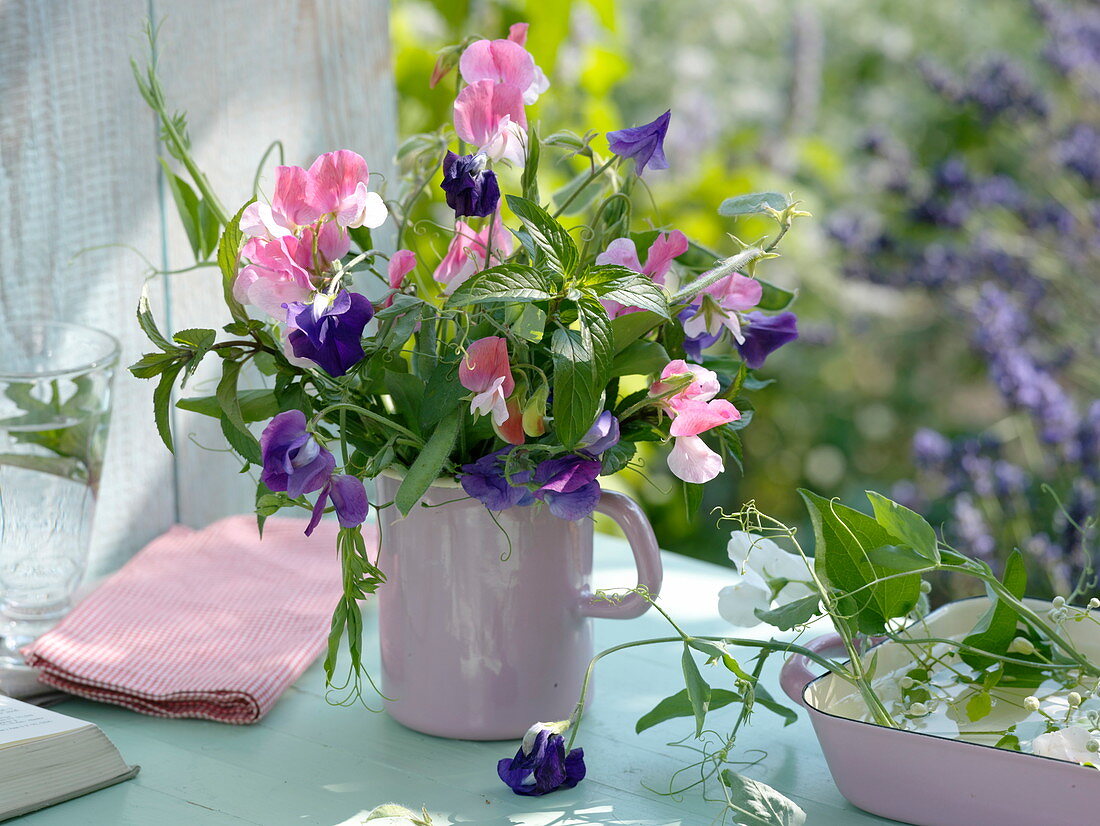 Fragrant bouquet of Lathyrus (pea vine) and mint (Mentha)