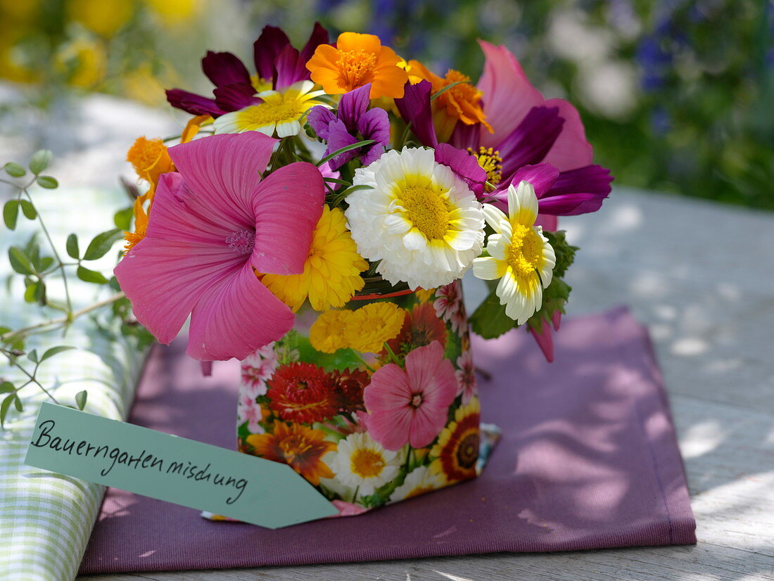 Small cottage garden bouquet of annual summer flowers