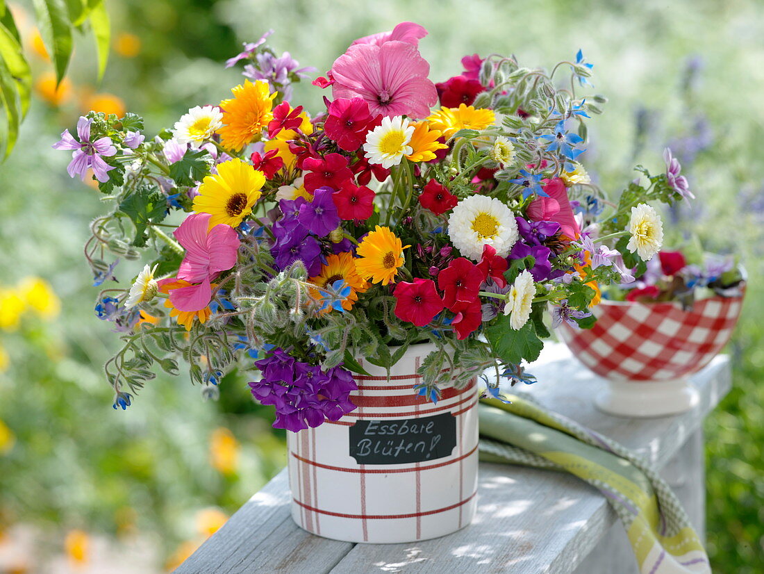 Colorful bouquet of flowers with edible flowers