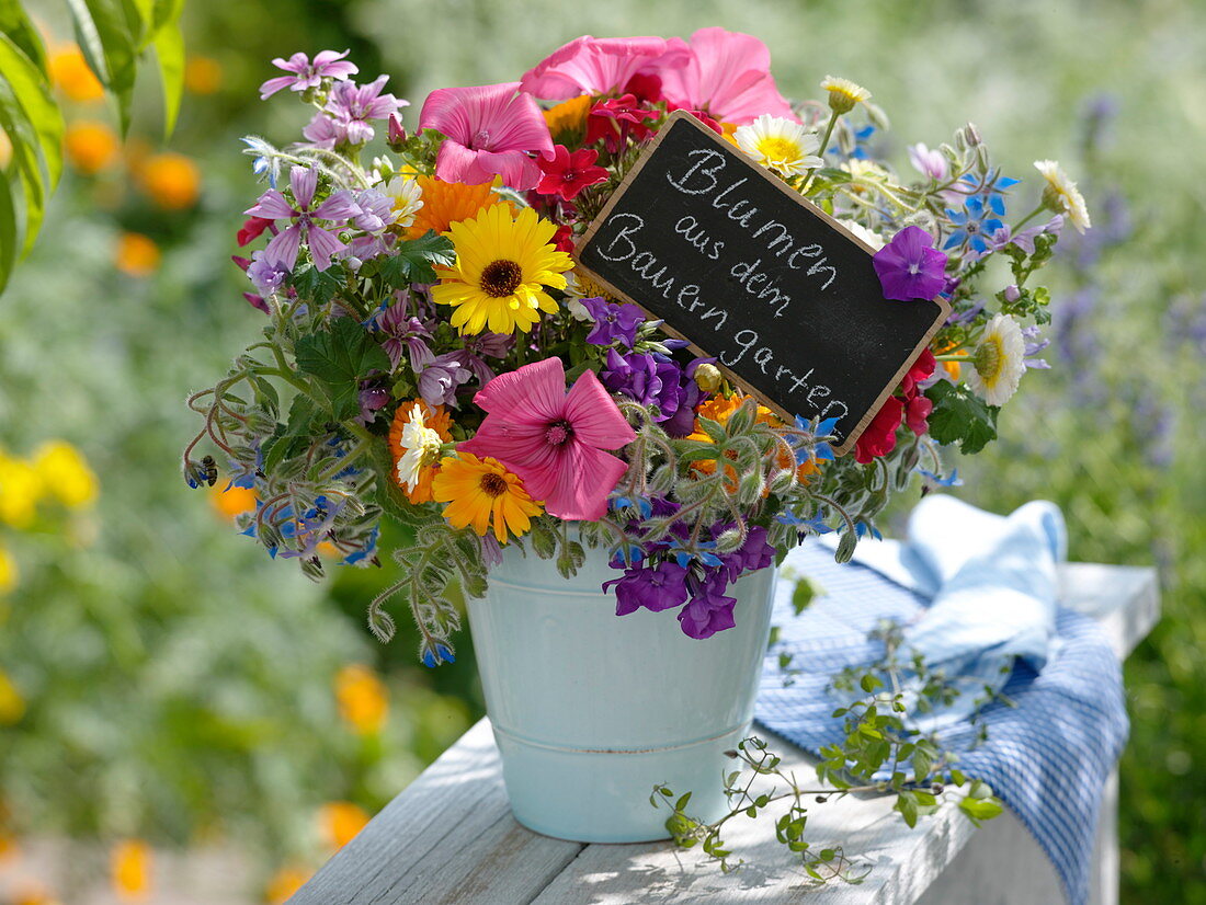 Colorful bouquet of flowers with edible flowers