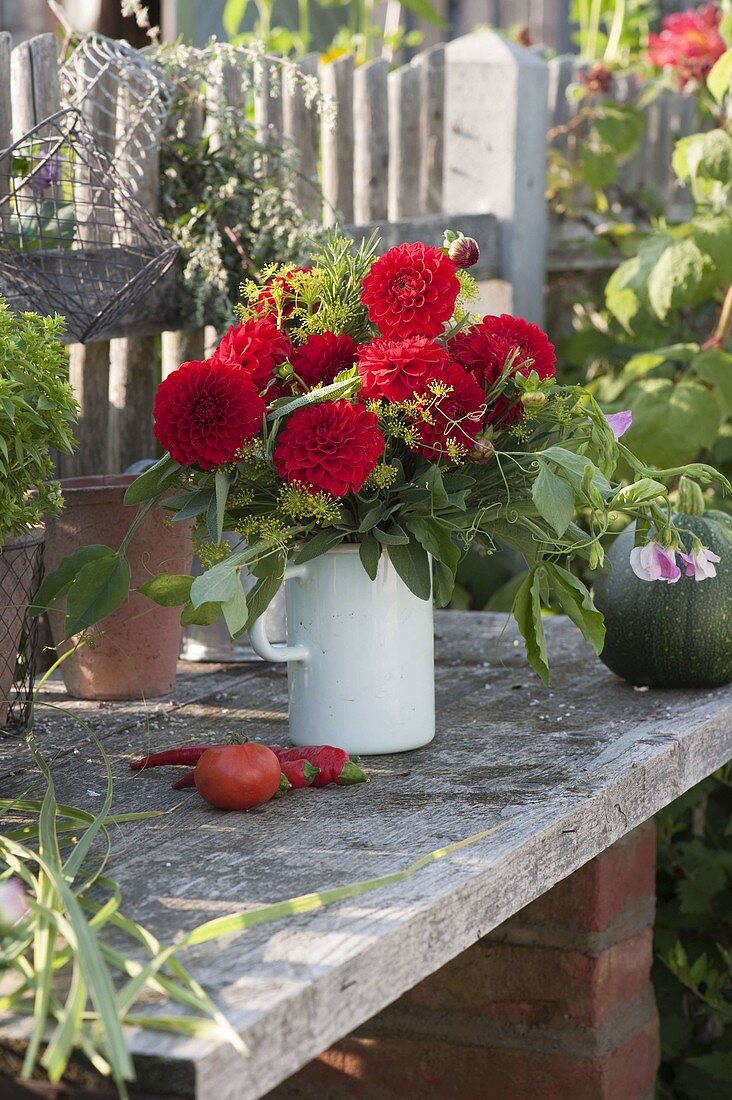 Bouquet of Dahlia (dahlias), Lathyrus odoratus (sweet pea), sage