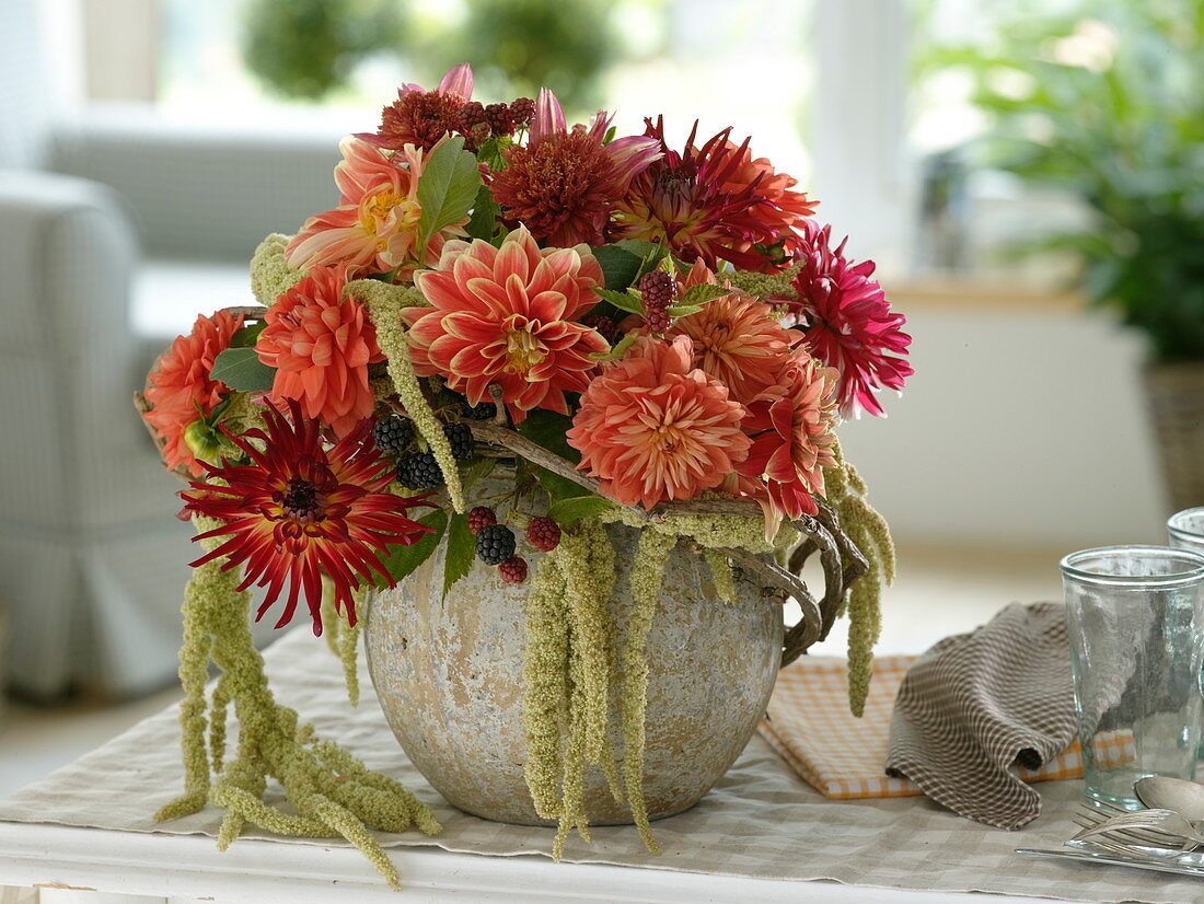 Late summer bouquet with dahlia (dahlias), amaranthus (foxtail)