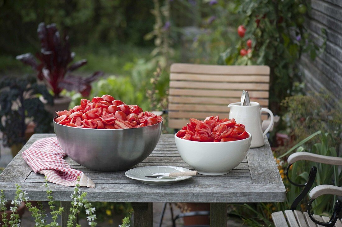 Harvested tomatoes (Lycopersicon) ready cleaned and cut