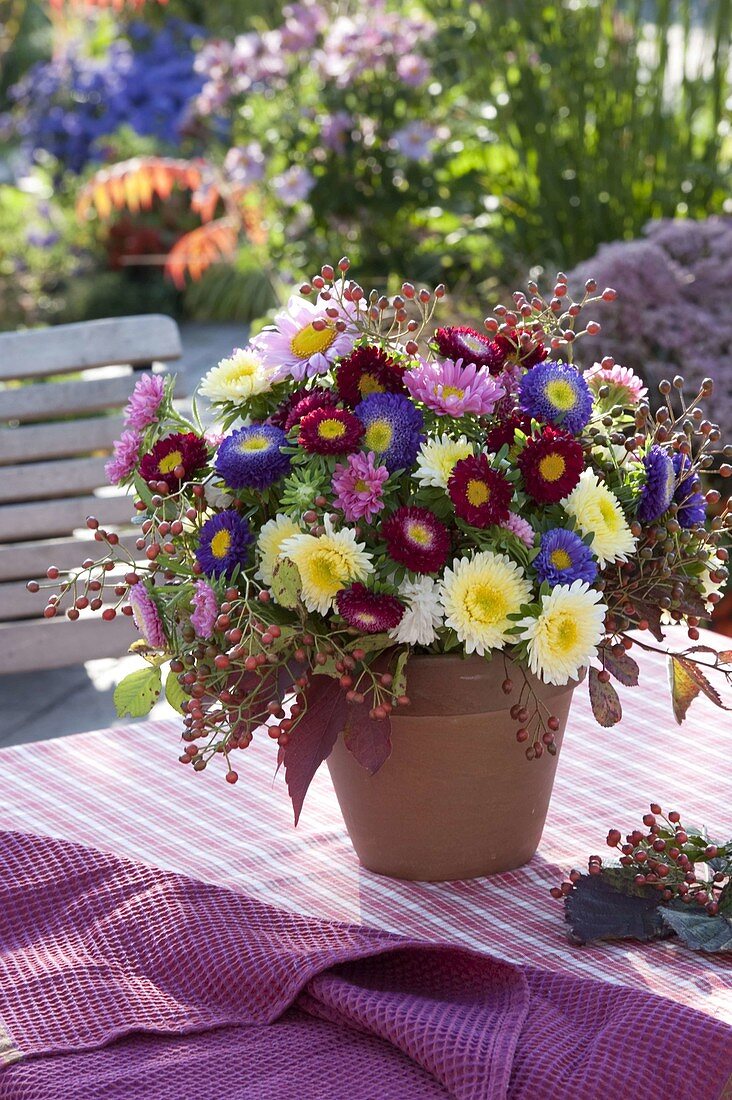 Bouquet with Callistephus (summer aster), Rosa multiflora (rosehips)