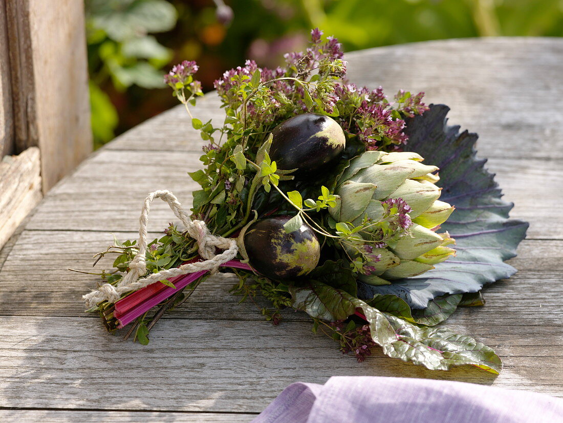 Vegetable bouquet with artichoke, eggplant