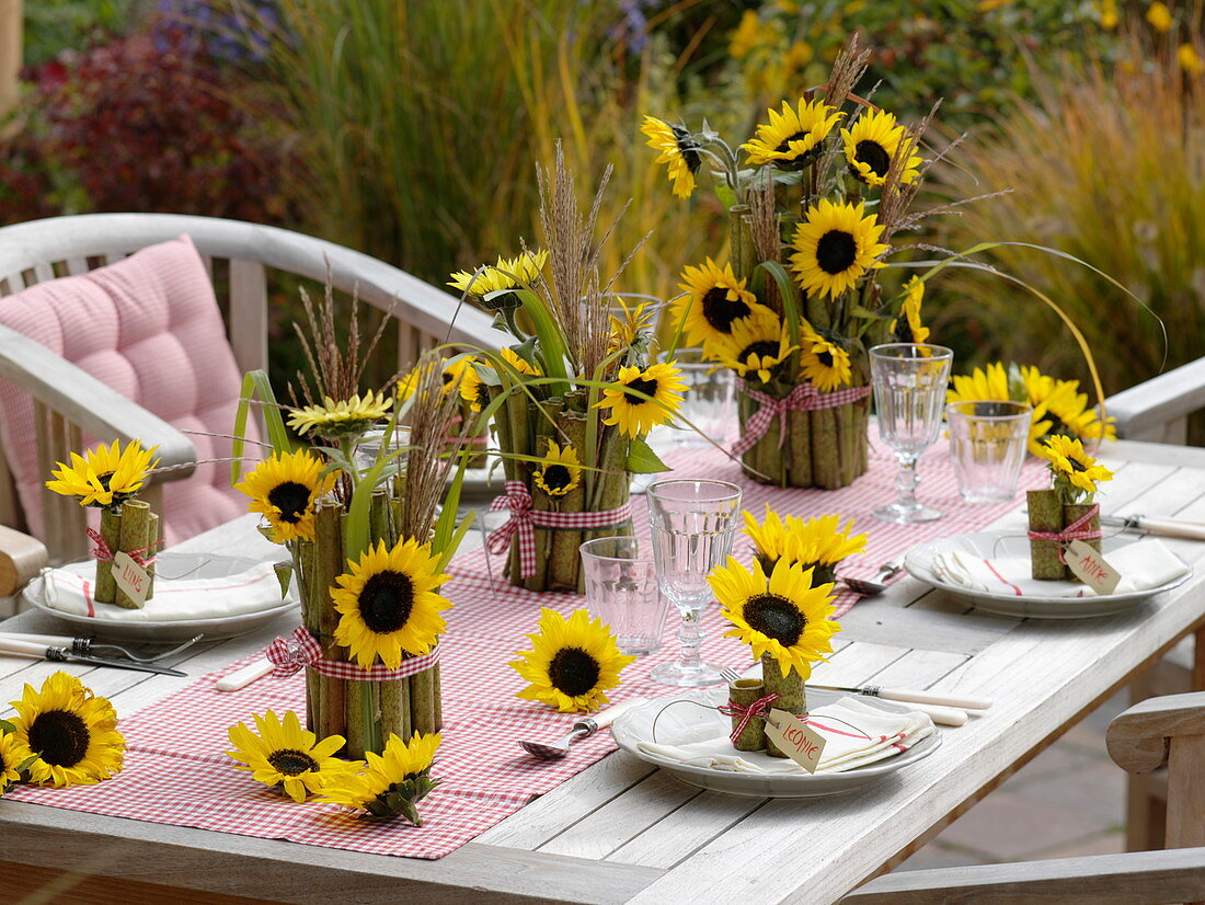 Tischdeko mit Sonnenblumen und … – Bild kaufen – 12168613 ...