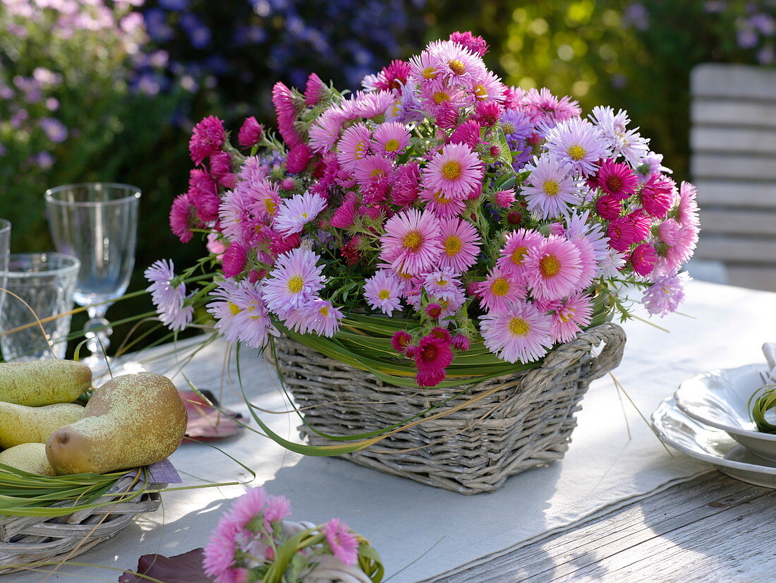 Autumn table decoration with asters and pears