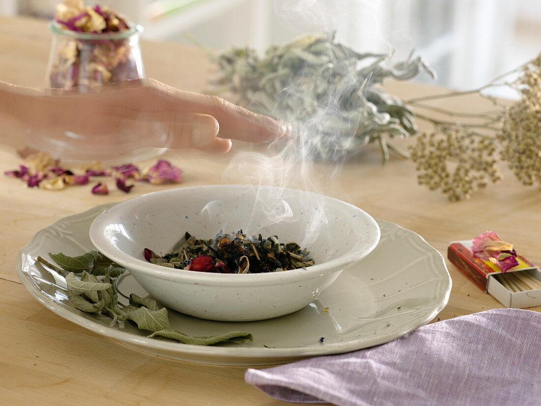 Smoking with home-dried herbs such as sage (Salvia) and Rosa