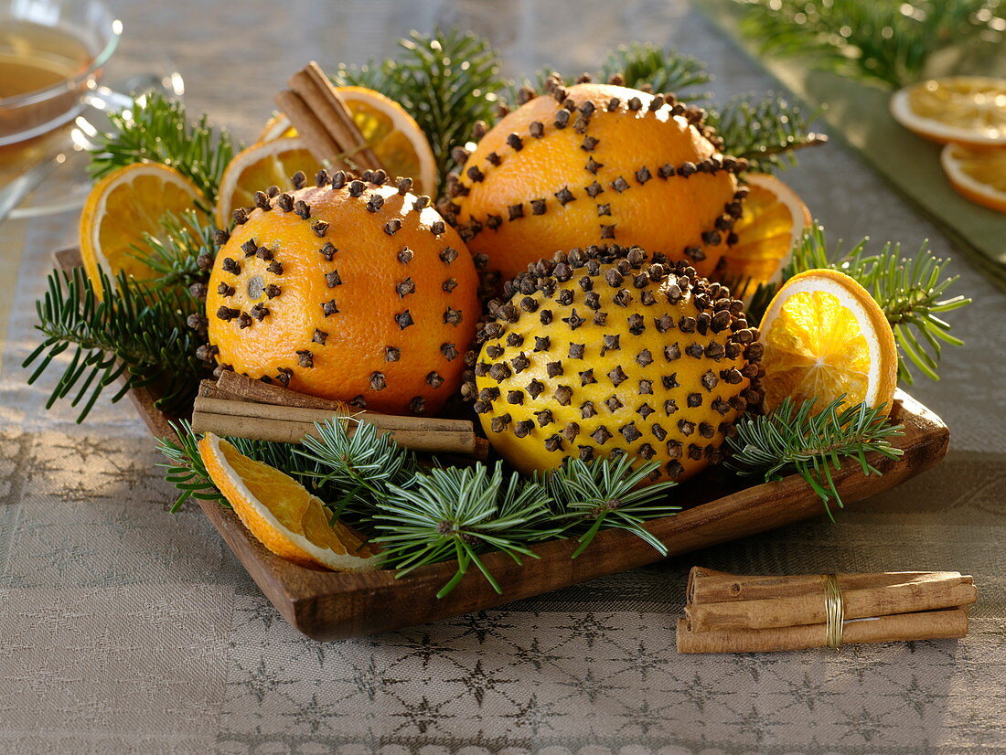 Small basket with pomander and orange slices (Citrus)