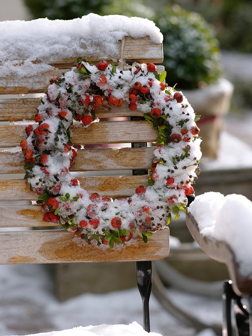 Wreath made of roses (rosehip), buxus (box) and buds of hedera
