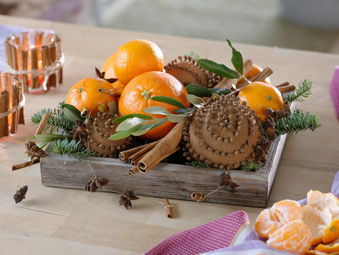 Wooden coaster with pomander, oranges (Citrus sinensis)